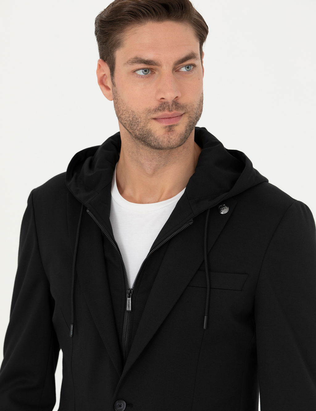 Siyah Slim Fit Kap__onlu Ceket