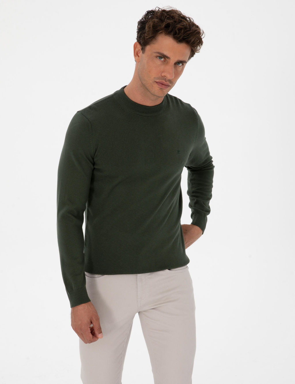 Koyu Haki Slim Fit _eyrek Yaka Basic Triko Kazak - Pierre cardin фото 3