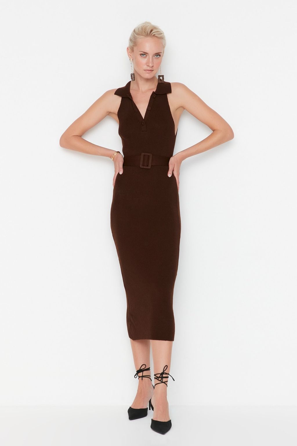 TRENDYOLMILLA Mavi Midi Triko Kemer Detayl? Elbise TWOSS22EL1031  фото 10