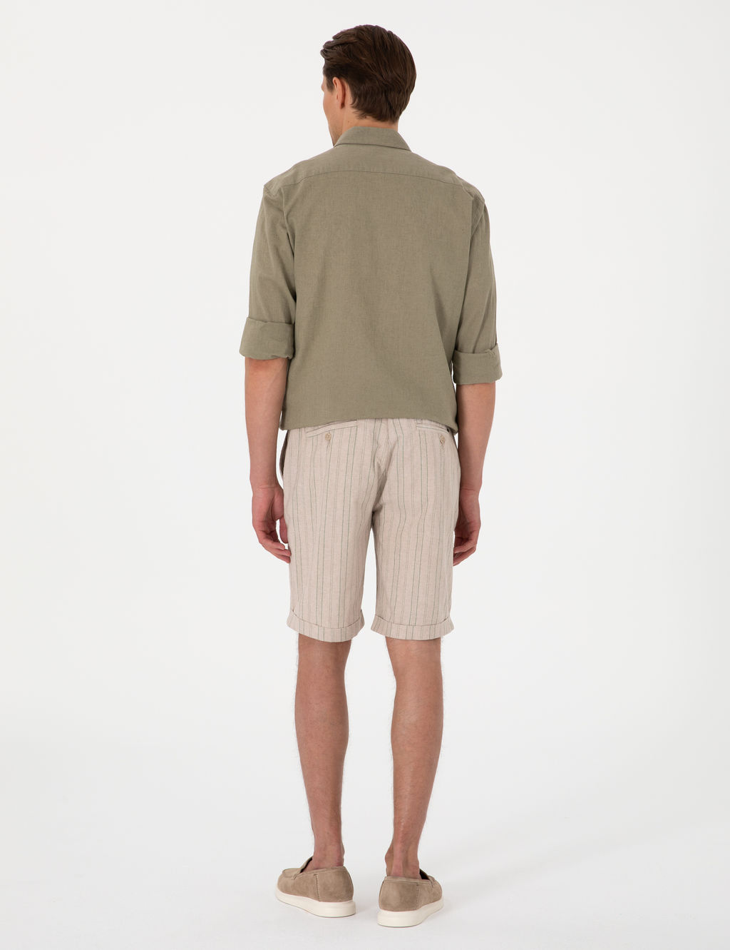Haki Slim Fit Keten Kar___ml_ _izgili Dokuma _ort