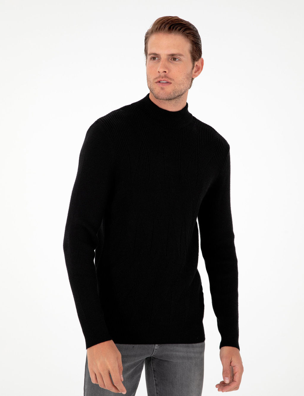 Siyah Slim Fit Yar_m Bal_k__ Yaka Y_n Kar___ml_ Triko Kazak - Pierre cardin фото 3