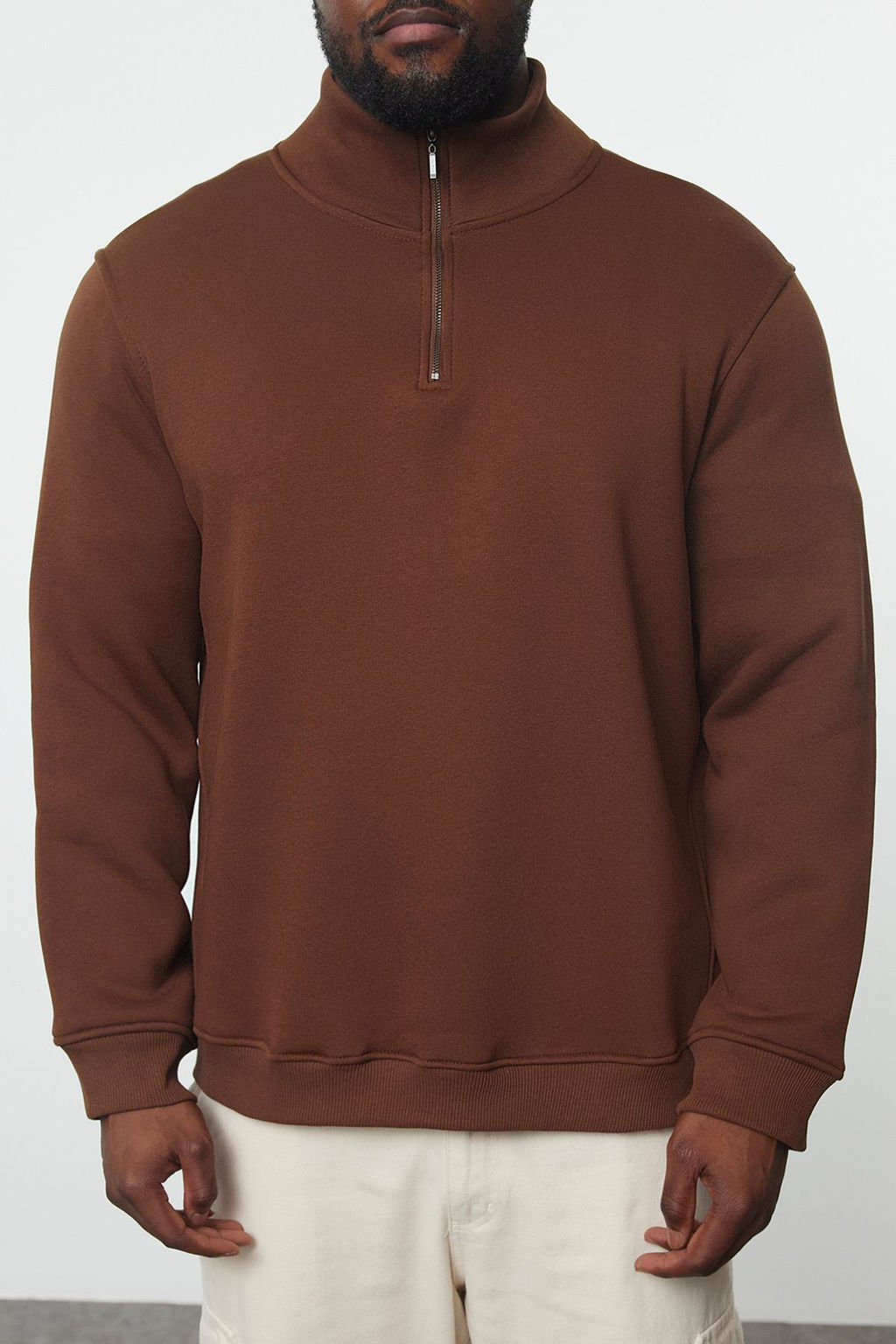 Kahverengi Buyuk Beden Oversize Dik Yaka Fermuarl? Ici Polarl? Sweatshirt TMNAW24AO00024