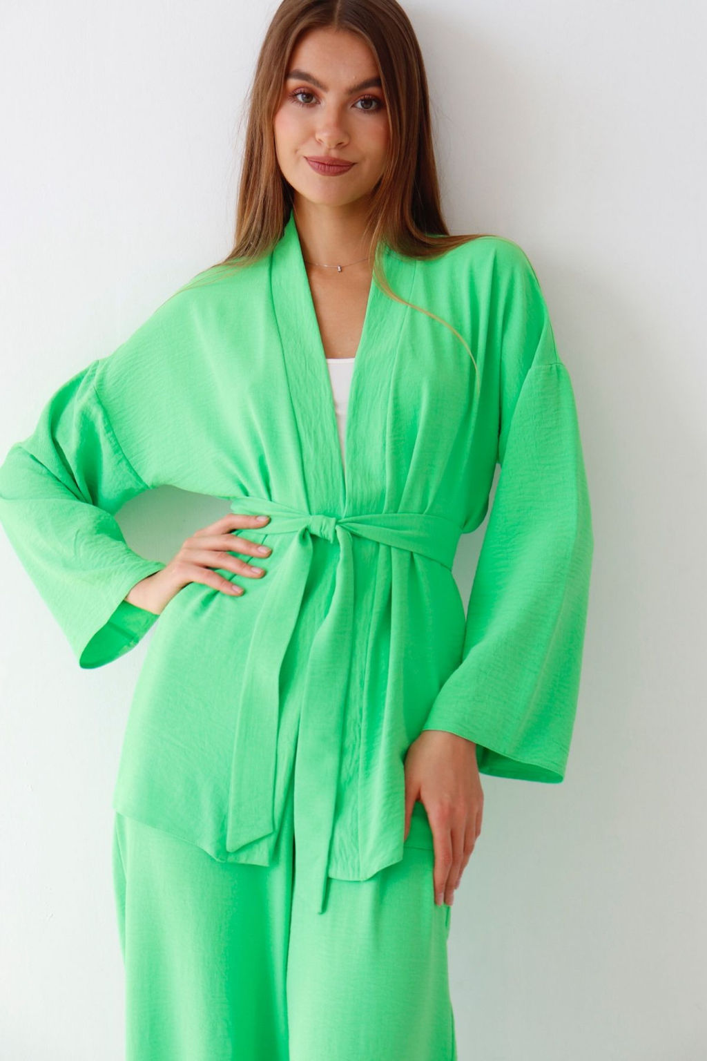 9359 Костюм из кимоно и брюк-палаццо салатовый - Martichelli фото 14