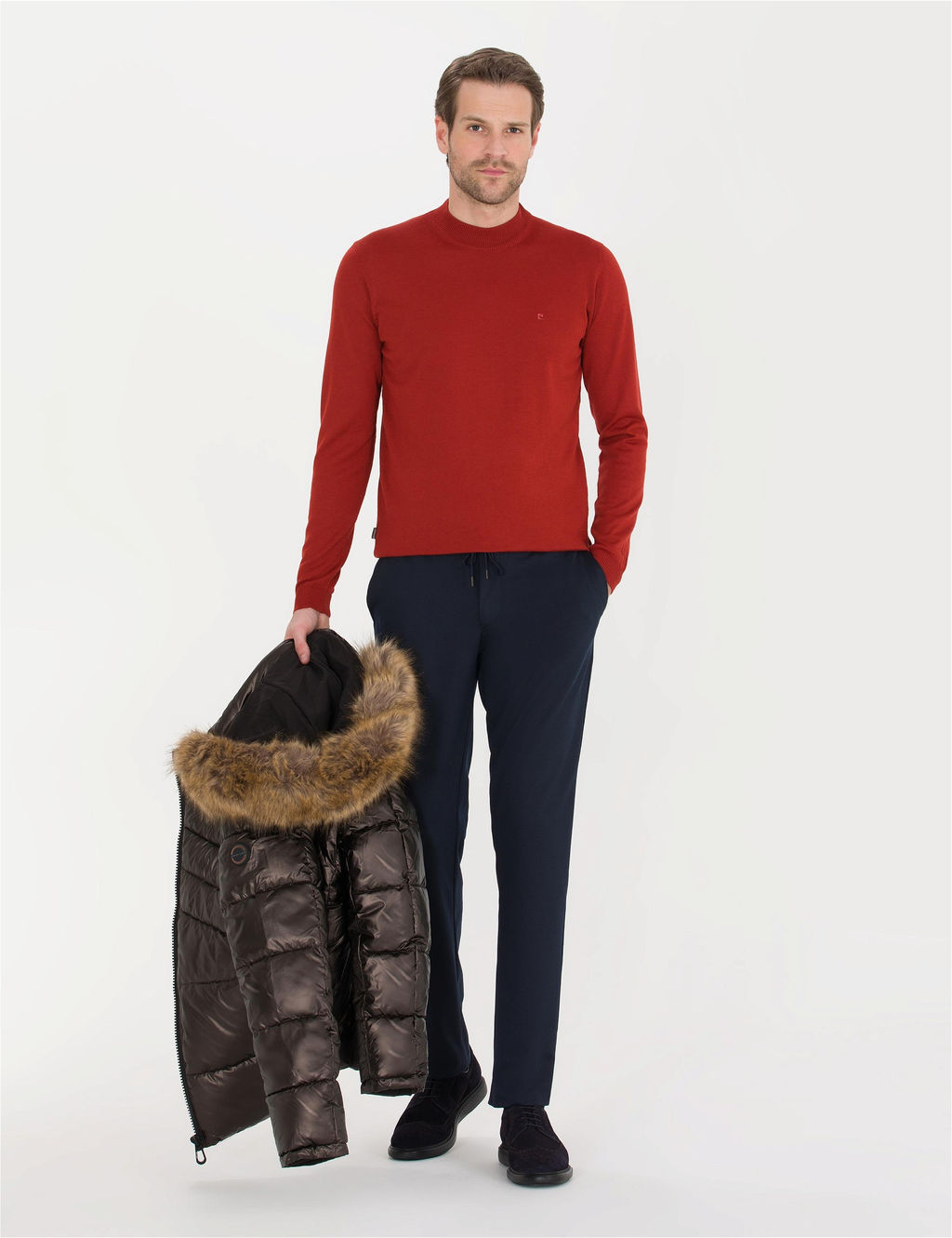 Kiremit Slim Fit Bato Yaka Y_n Kar___ml_ Basic Triko Kazak