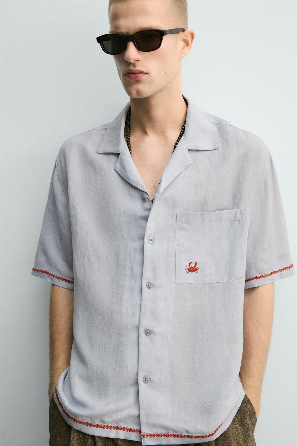 CAMISA VISCOSA - LINO BORDADOS CONTRASTE / Azul claro - Zara фото 6