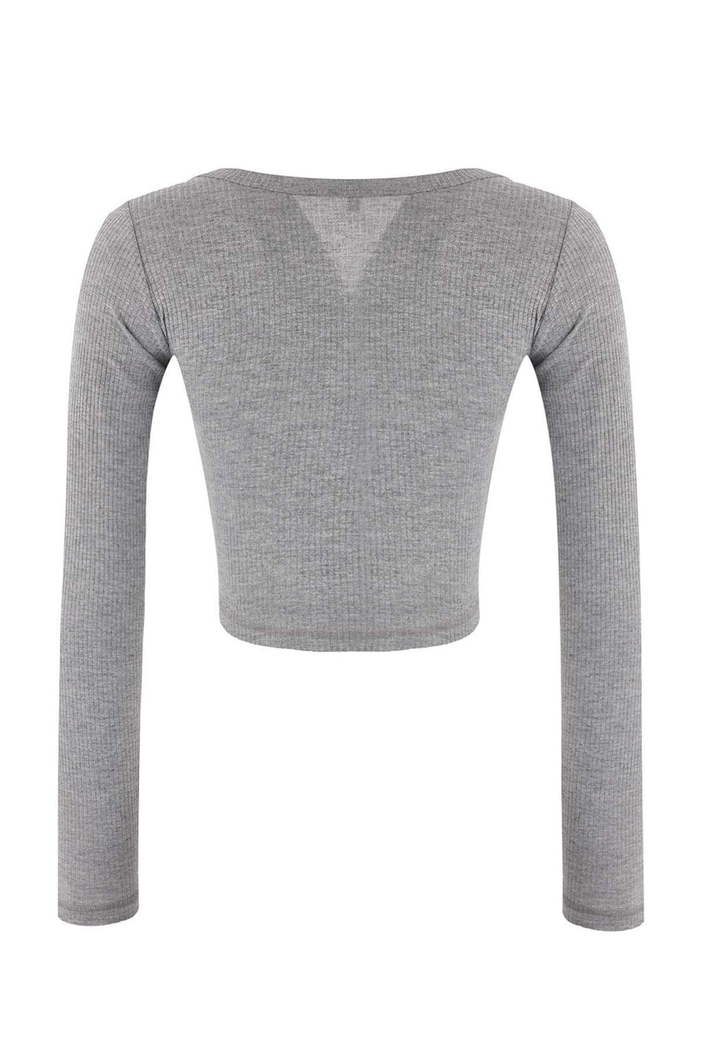 Gri Melanj Fitted/Vucuda Oturan V Yaka C?tc?tl? Crop Premium Yumusak Orme Bluz TWOSS26BZ00056