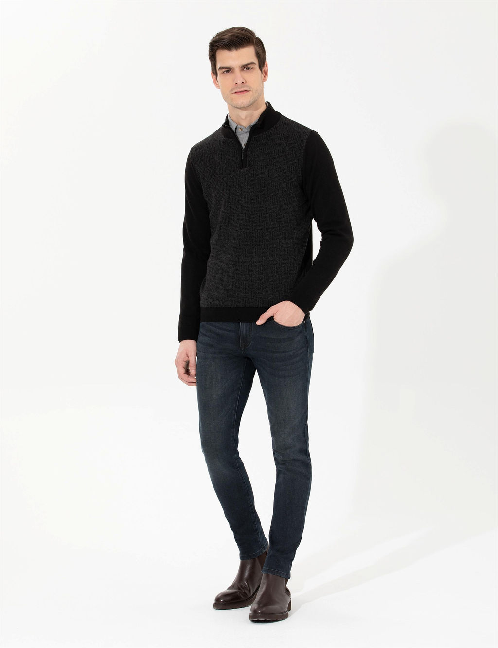Siyah Slim Fit Fermuarl_ Dik Yaka Triko Kazak - Pierre cardin фото 4