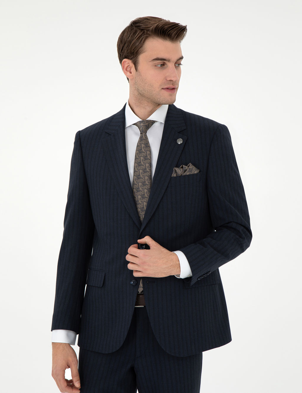 Lacivert Slim Fit _izgili Tak_m Elbise