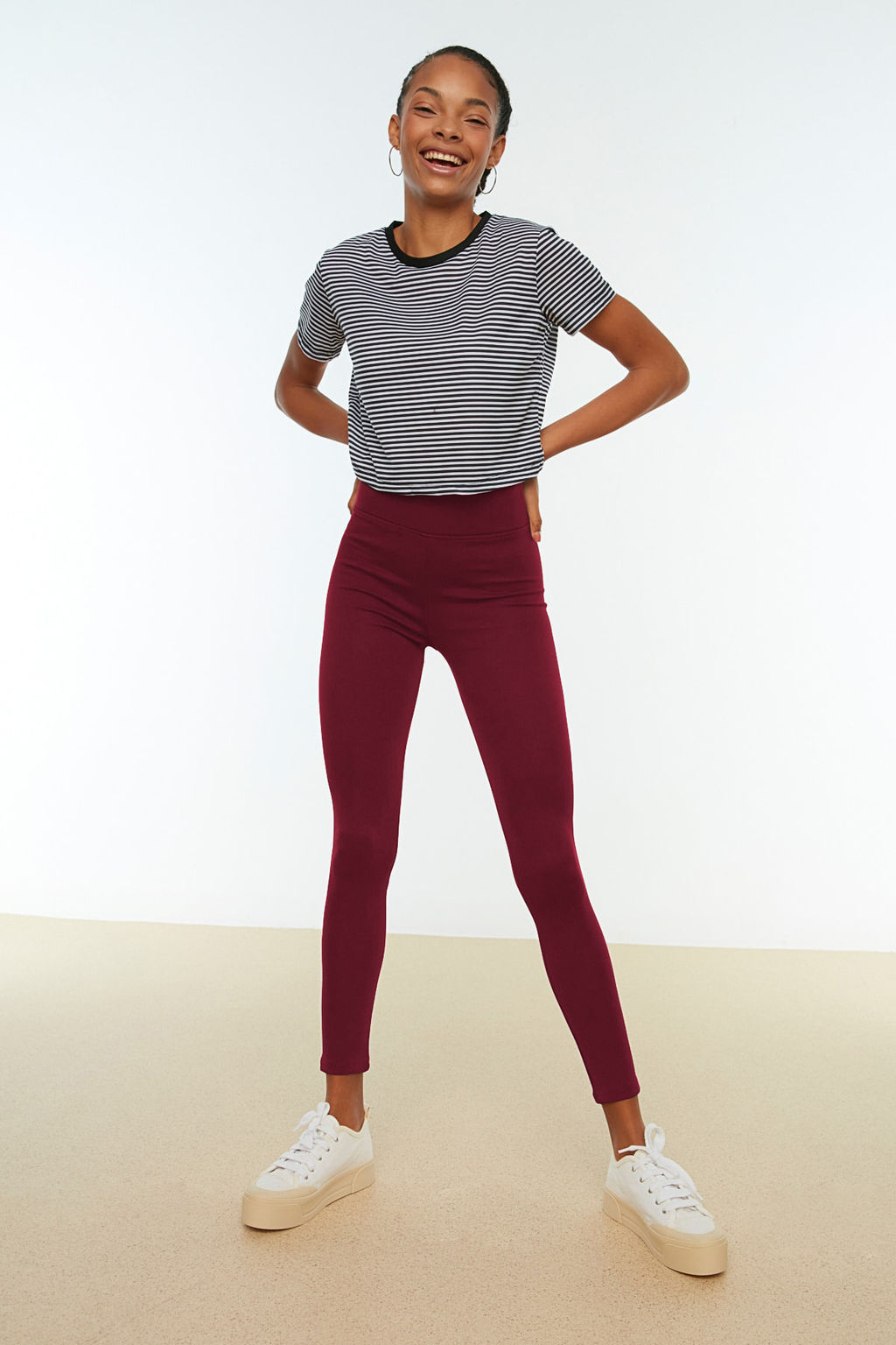 Bordo Toparlay?c? Beli Lastikli Yuksek Bel Esnek Orme Tayt TWOAW20TA0087