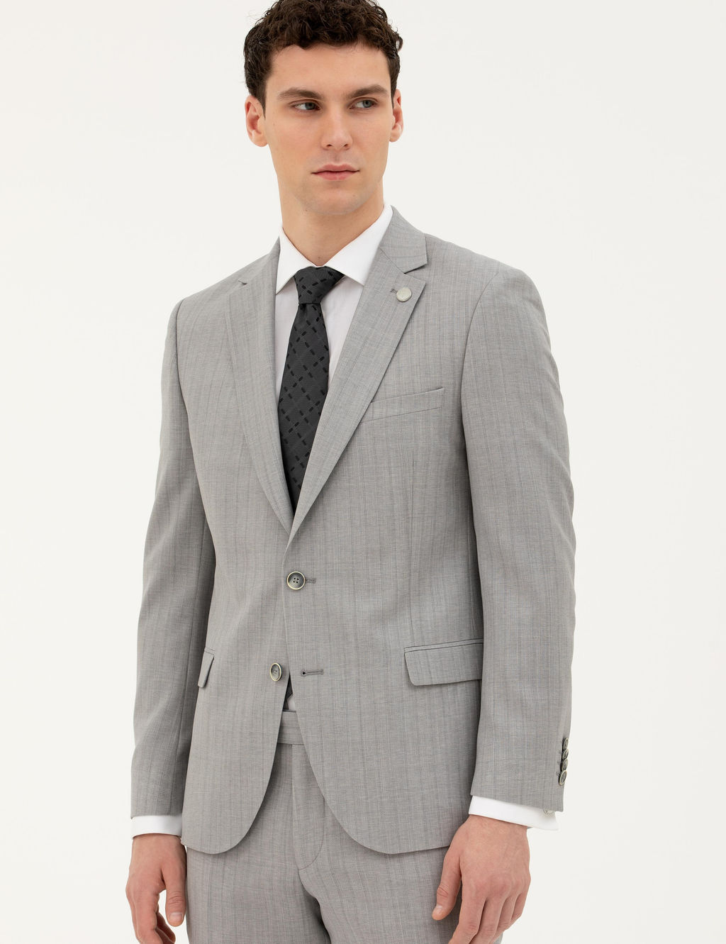 Gri Ex. Slim Fit %100 Y_n _izgili Tak_m Elbise