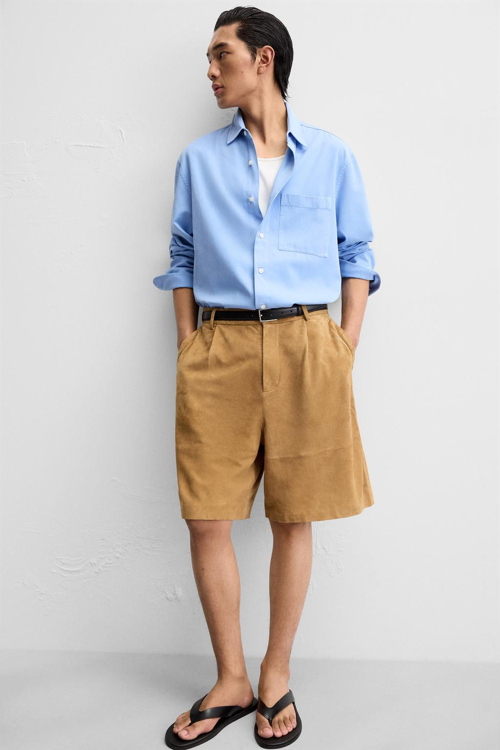 PLEATED SUEDE LEATHER BERMUDA SHORTS - Zara фото 6
