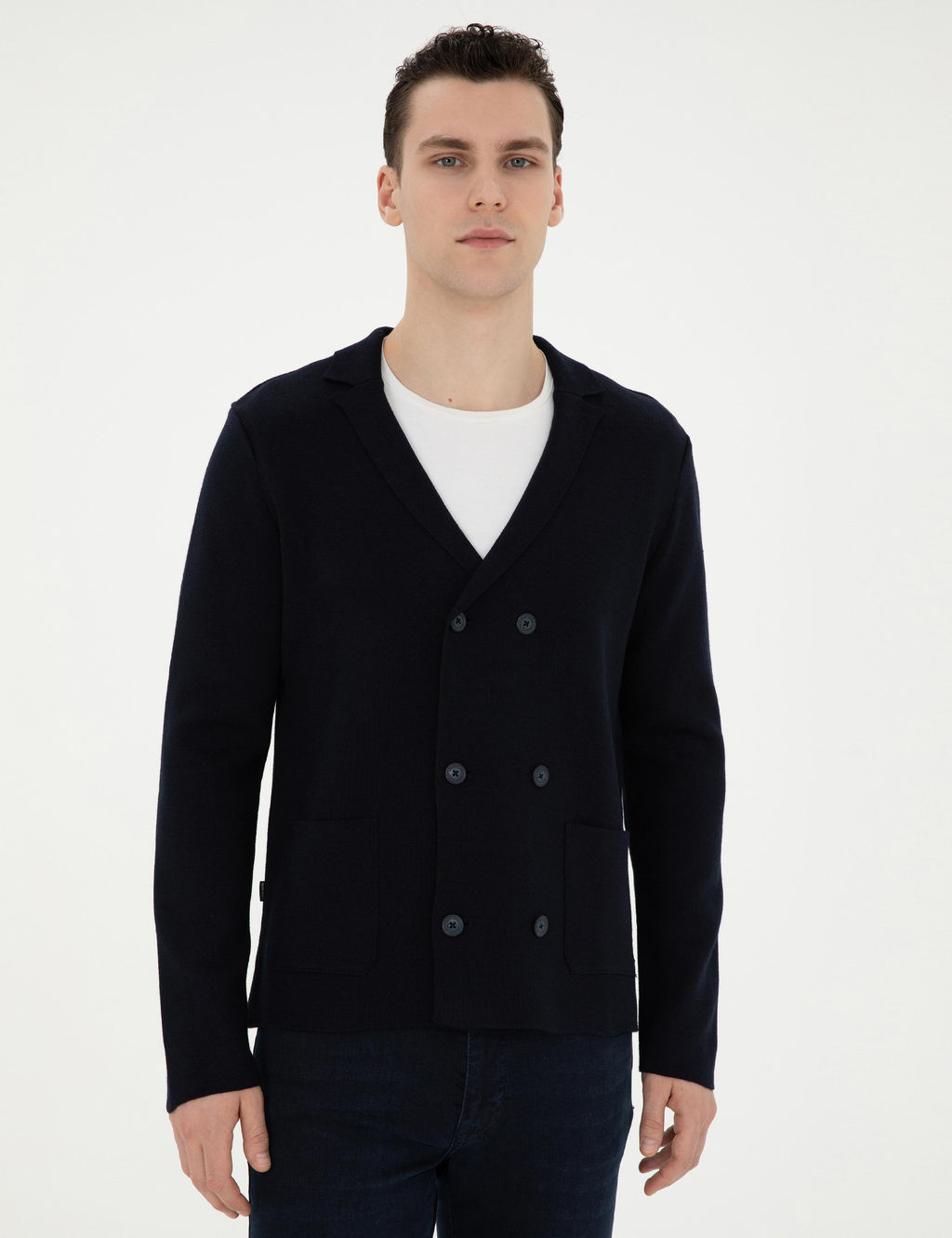 Koyu Lacivert Slim Fit Y_n Kar___ml_ D__meli Triko H_rka