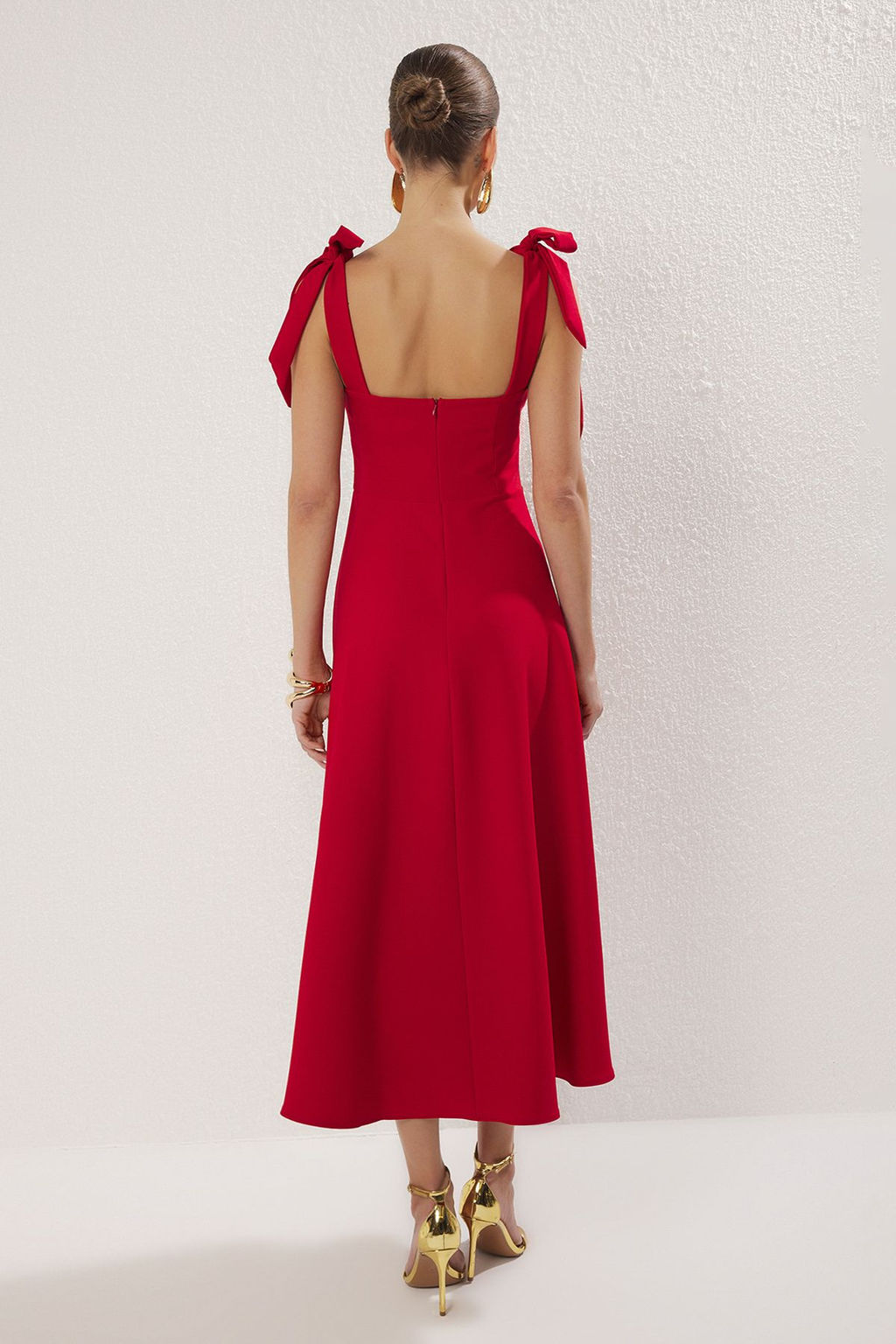 K?rm?z? A-Kesim Ask? Baglama Detayl? Dokuma Midi S?k Abiye Gece Mezuniyet Elbisesi TPRSS24EL00251