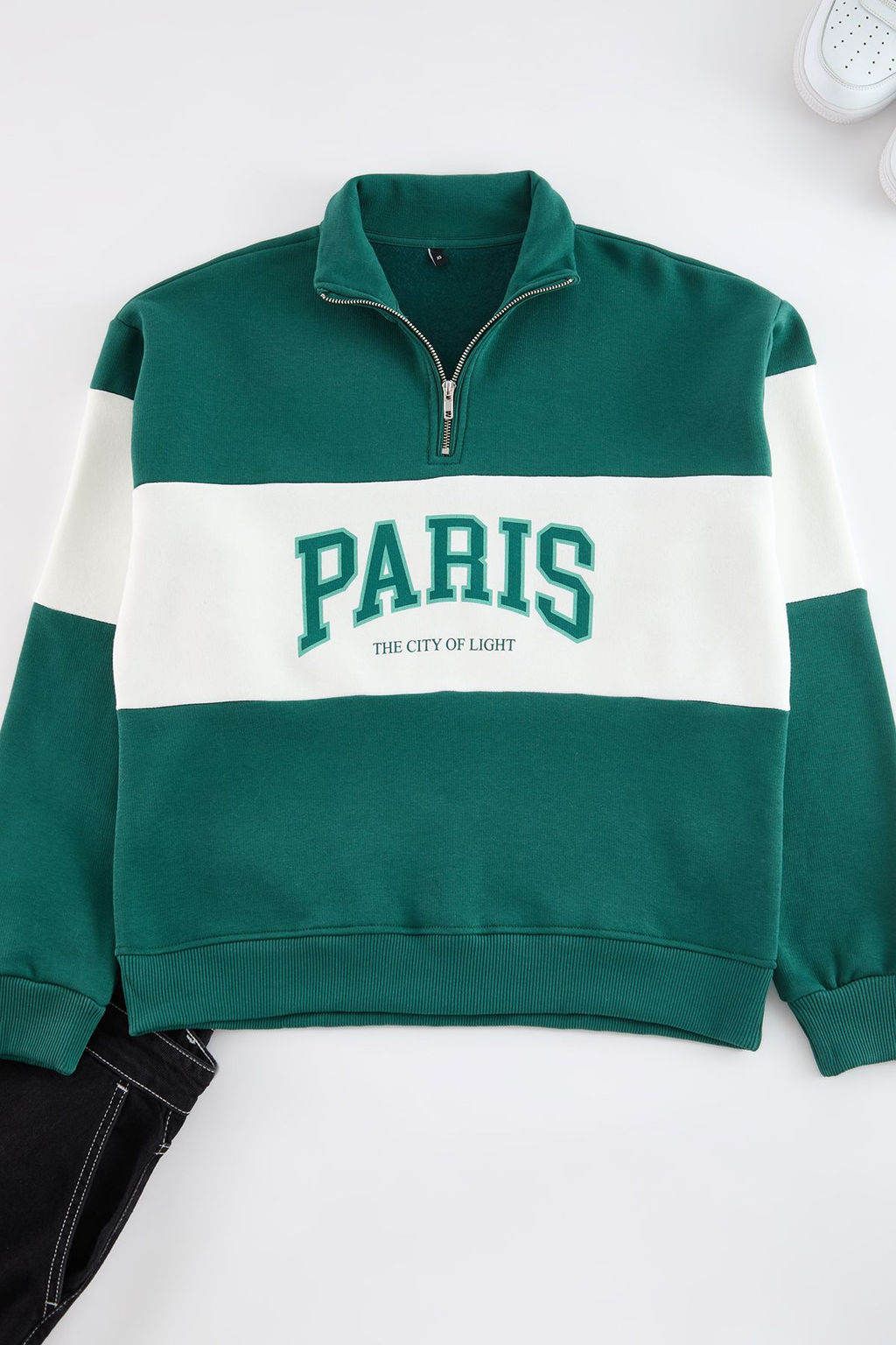TRENDYOL MAN Zumrut Yesili Oversize/Genis City Bask?l? Renk Bloklu Dik Yaka Fermuarl? Sweatshirt TMNAW25SW00104 - Trendyolmilla фото 7