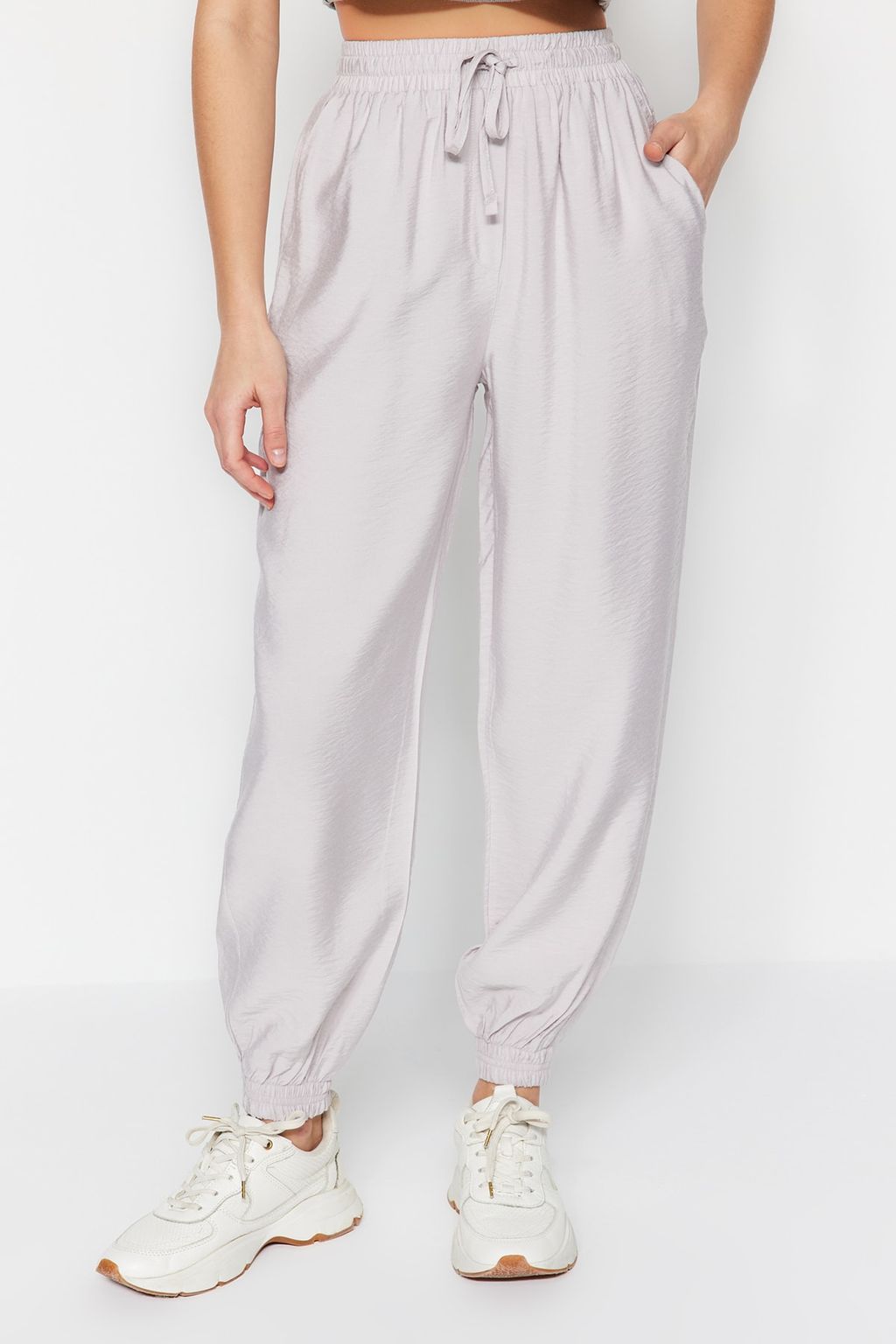 Gri Jogger Beli Lastikli Cepli Dokuma Pantolon TWOSS20PL0129