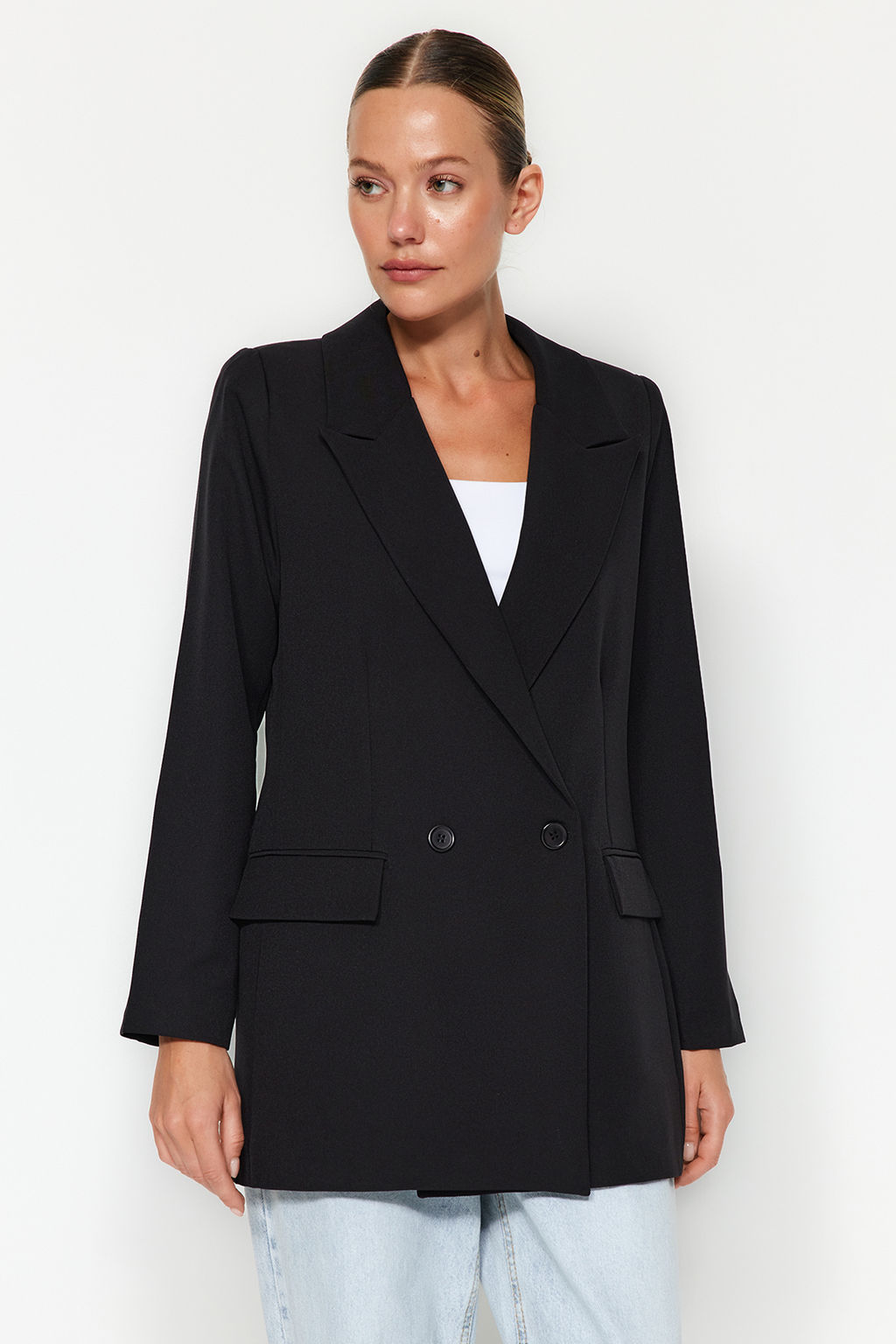 Siyah Regular Astarl? Kruvaze Kapama Dokuma Blazer Ceket TWOSS20CE0059