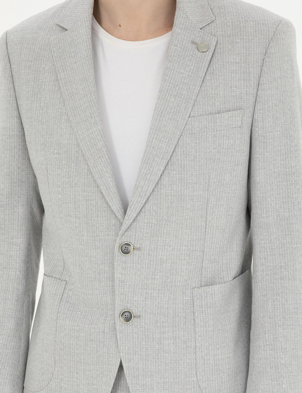 Gri Slim Fit Keten Kar___ml_ _izgili Tak_m Elbise