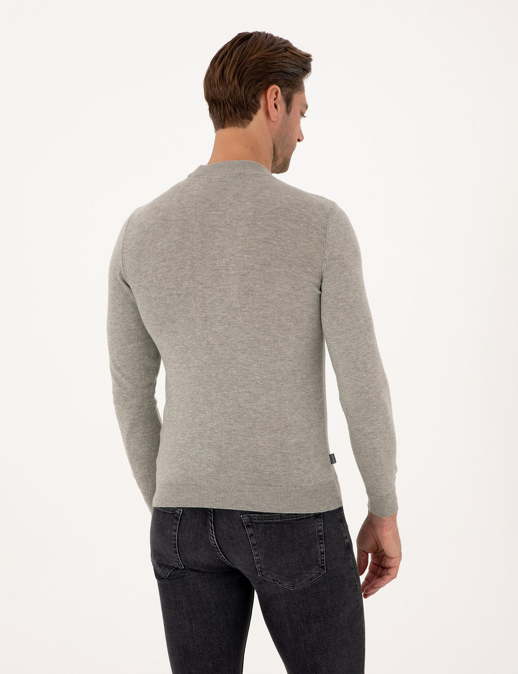 A__k Gri Melanj Slim Fit _eyrek Yaka Basic Triko Kazak