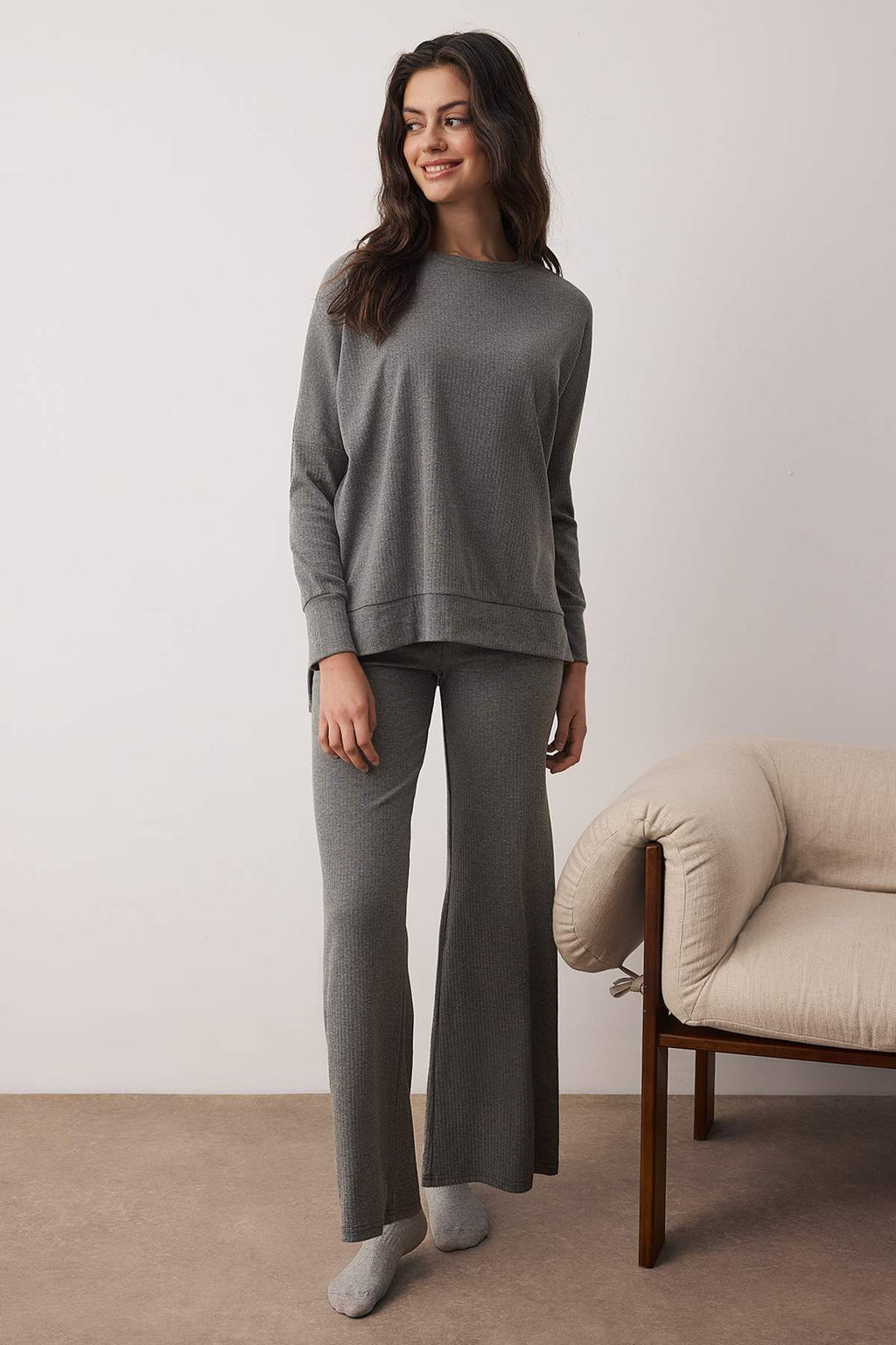 Antrasit Pamuklu Y?rtmacl? Fitilli Orme Pijama Tak?m? THMAW26PT00223