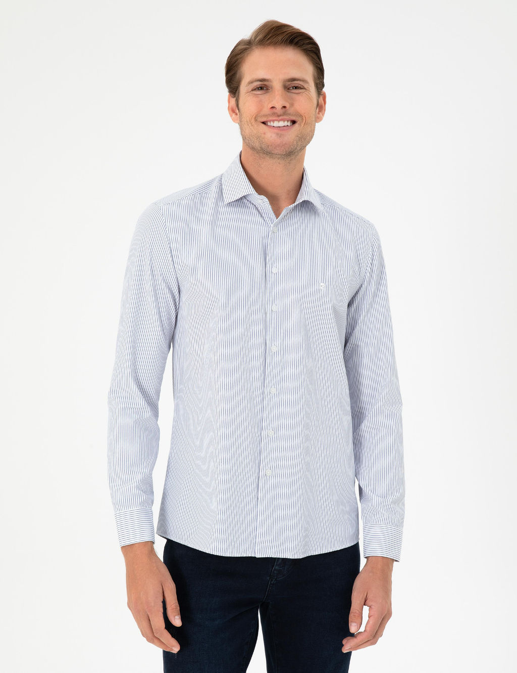 A__k Mavi _izgili Slim Fit Uzun Kollu G_mlek