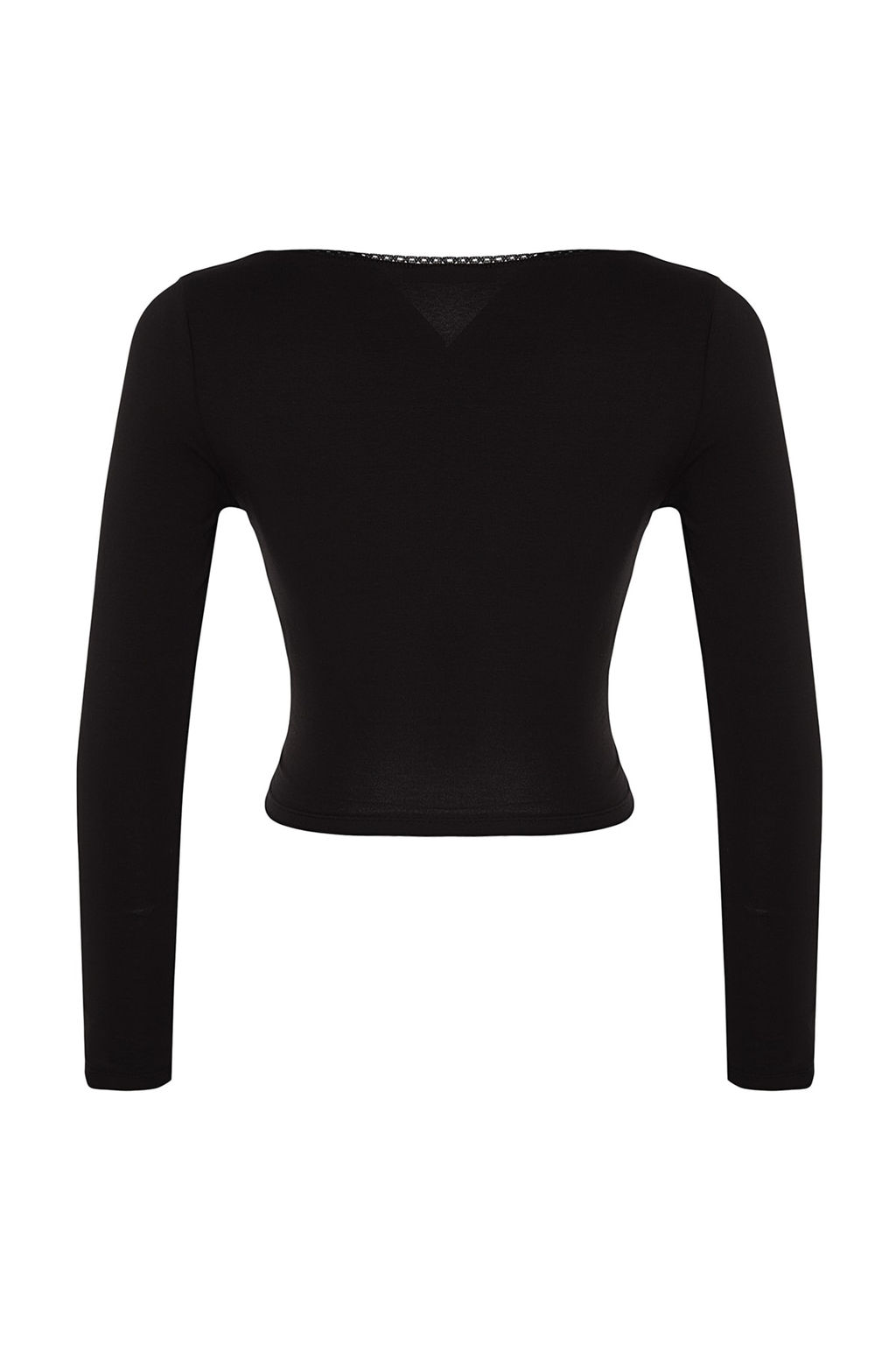 Siyah Derin Kruvaze Yaka Dantel Detayl? Uzun Kol Crop Pamuklu Esnek Orme Bluz TWOAW24BZ00291