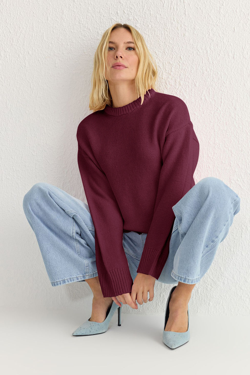 Bordo Genis Kal?p Yumusak Dokulu Triko Kazak TWOAW25KZ00168