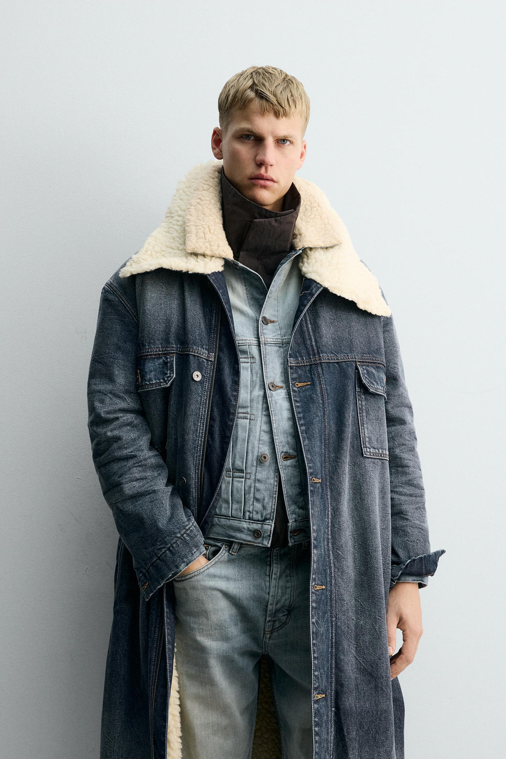 DENIM COAT WITH CONTRAST FAUX SHEARLING X SR_A