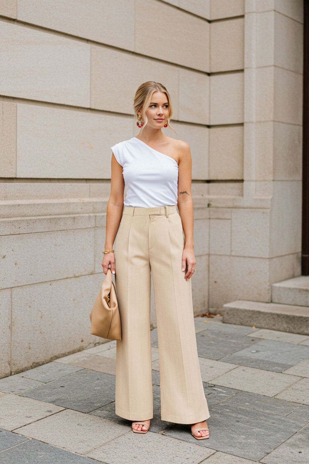 Trendyolmilla Bej Cizgili Wide Leg/Genis Paca Dokuma Pantolon TWOSS25PL00033