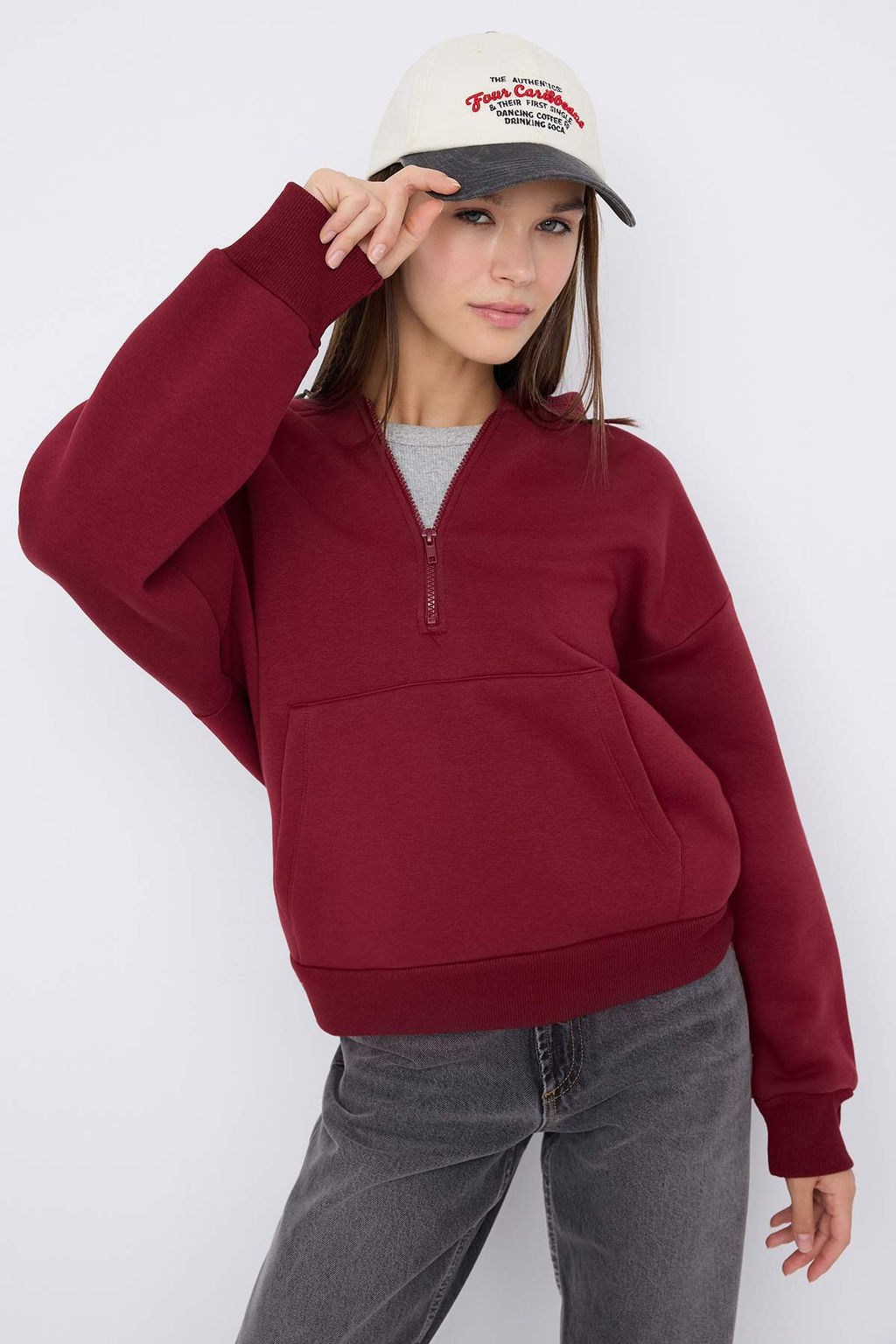 Teen Bordo Kapusonlu Kal?n Ici Polarl? Yar?m Pat Fermuarl? Cepli Orme Sweatshirt TWOAW26SW00160 - Trendyolmilla фото 13