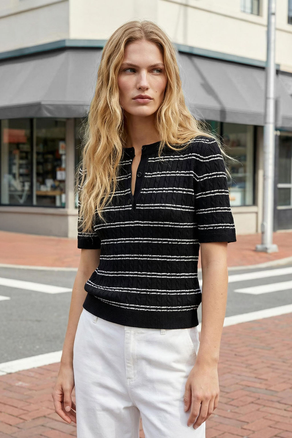 Trendyolmilla Ekru K?sa Kollu Cizgili Triko Bluz TWOSS25BZ00534  фото 12