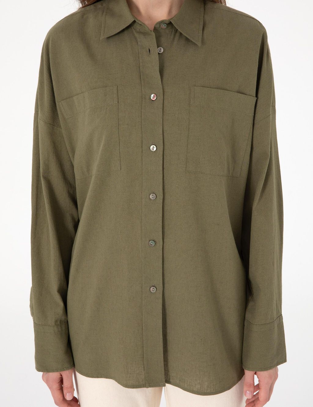 Haki Oversize Keten Kar___ml_ Uzun Kollu G_mlek - Pierre cardin фото 6