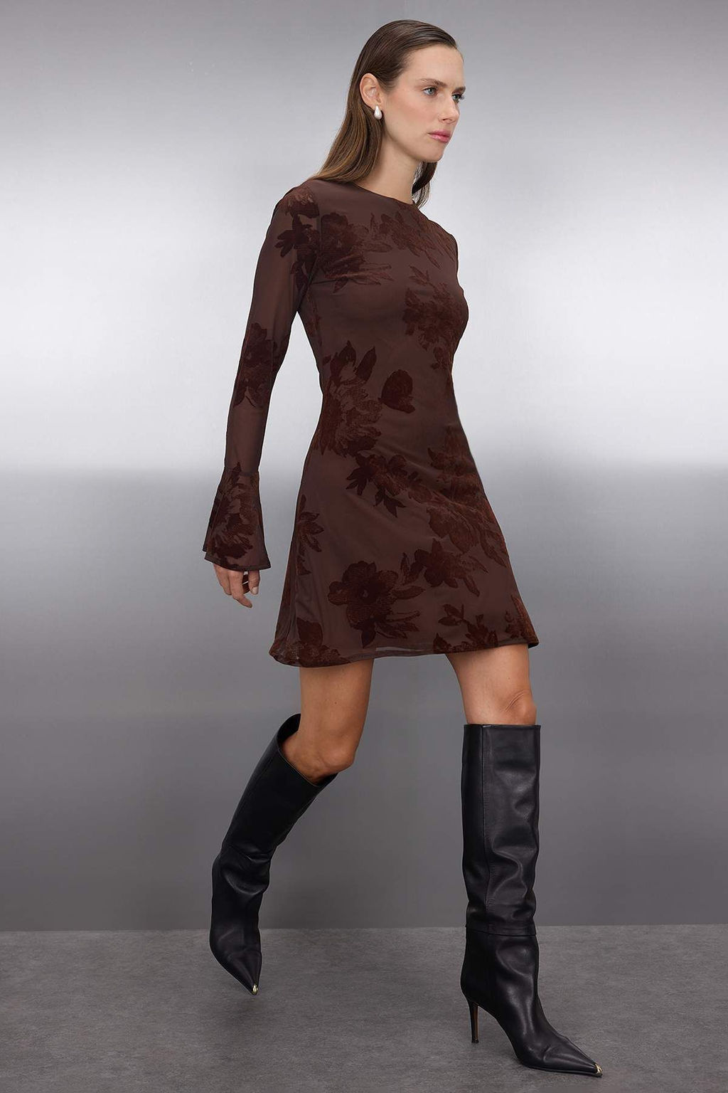 Cok Renkli Flok Bask?l? Bodycon Mini Tul Flare Kollu Astarl? Esnek Orme Elbise TWOAW26EL00029 - Trendyolmilla фото 2