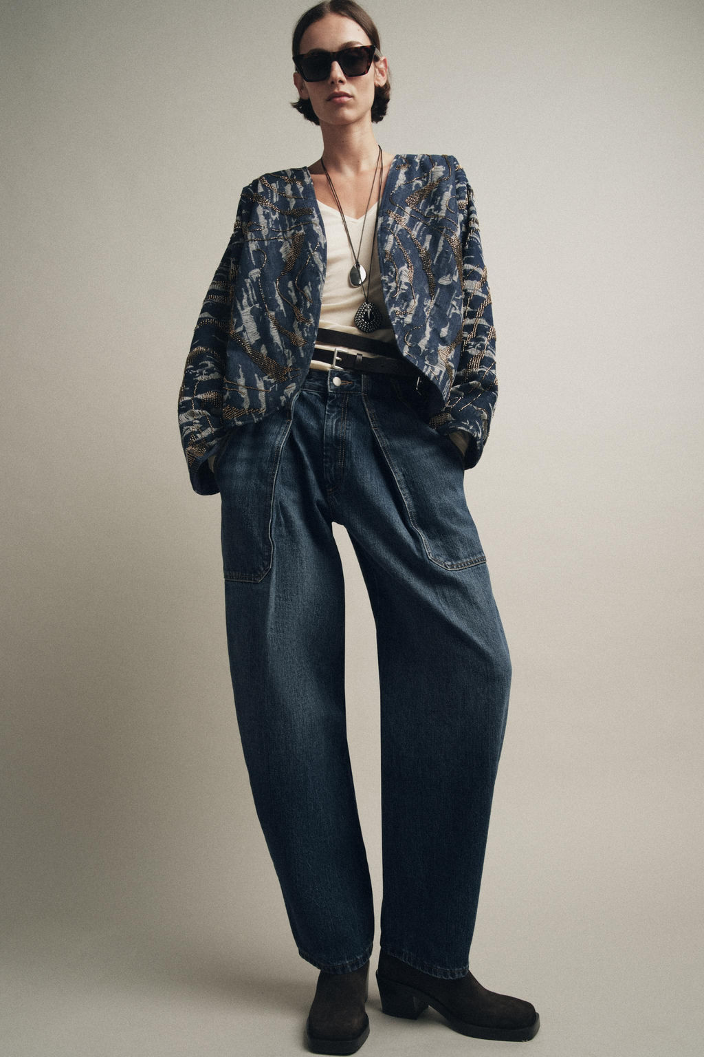 BEADED DENIM-EFFECT QUILTED KIMONO
