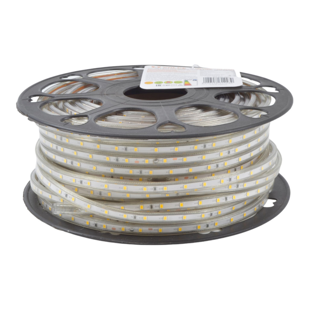 ULS-Q325 2835-60LED/m-10mm-IP67-220V-6W/m-50M-WW Светодиодная гибкая герметичная лента Volpe. В ПВХ трубке. Упаковка - бобина 50 м. IP67. Угол излучения 120. Кратность резки 1 м. Теплый белый свет.