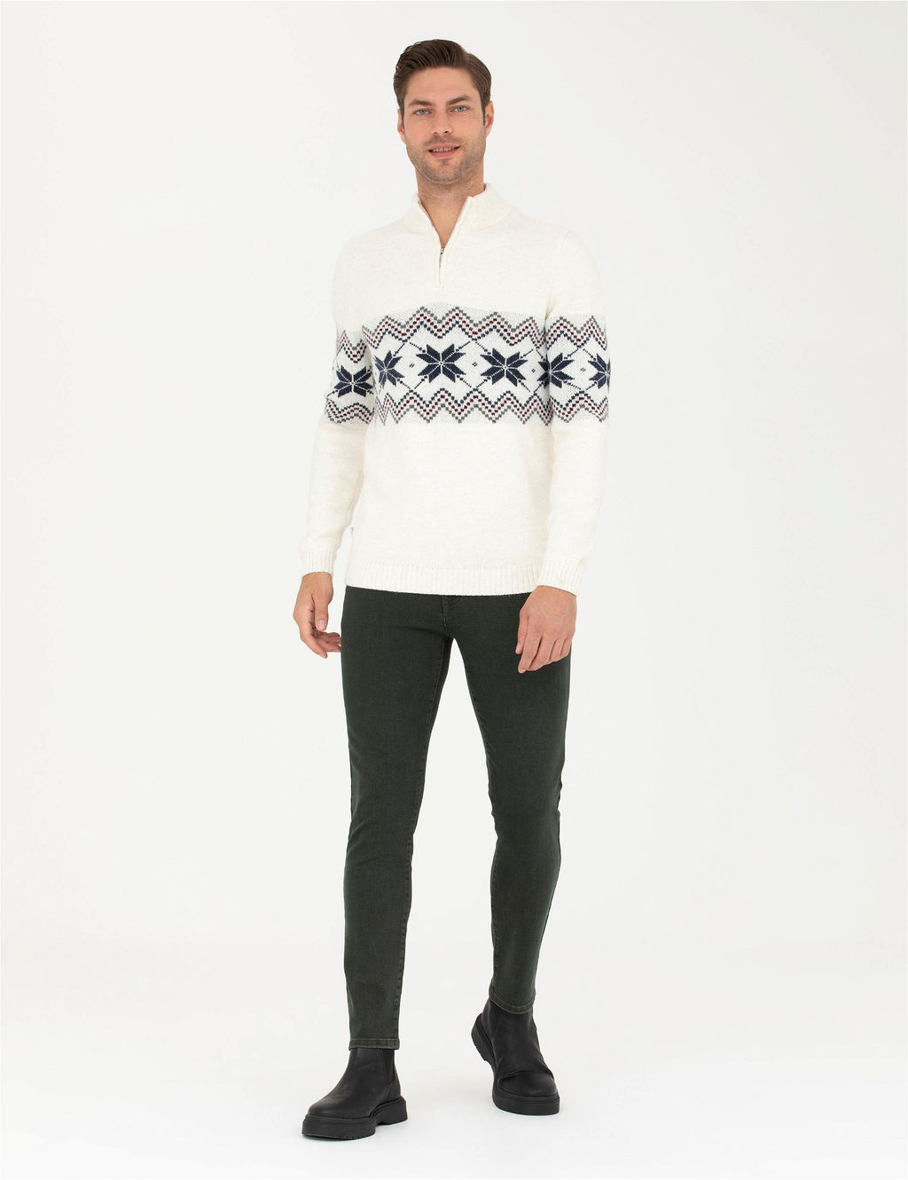 Ekru Slim Fit Fermuarl_ Polo Yaka Triko Kazak