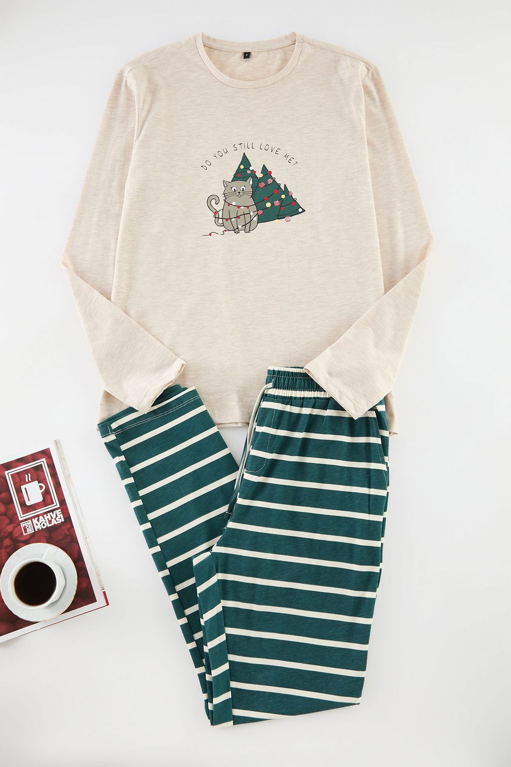 TRENDYOL MAN Bej Cizgili Regular Fit Couple Y?lbas? Orme Pijama Tak?m? TMNAW25PT00045 - Trendyolmilla фото 9