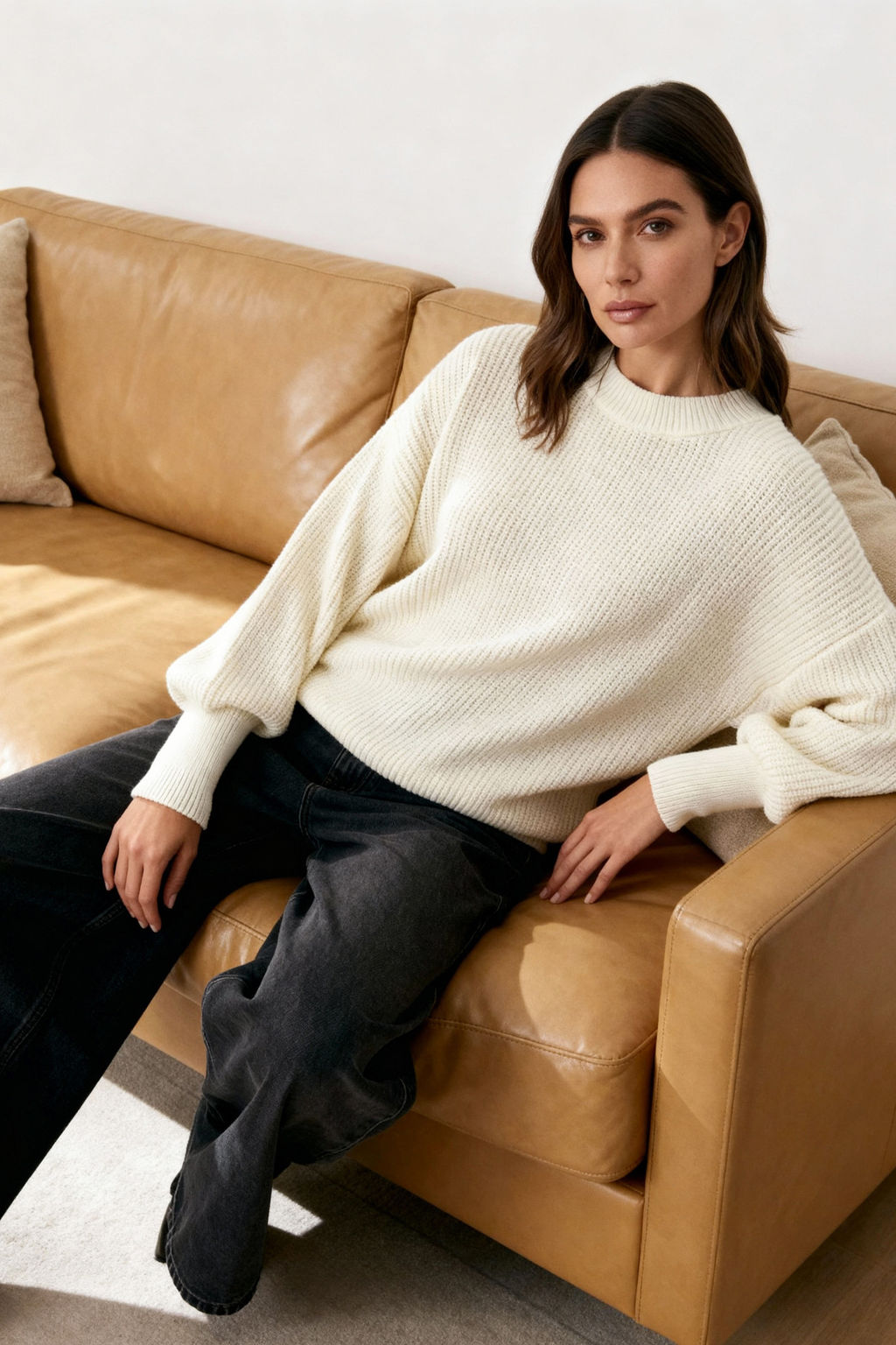 Ekru Genis Kal?p Basic Triko Kazak TWOAW23KZ01448