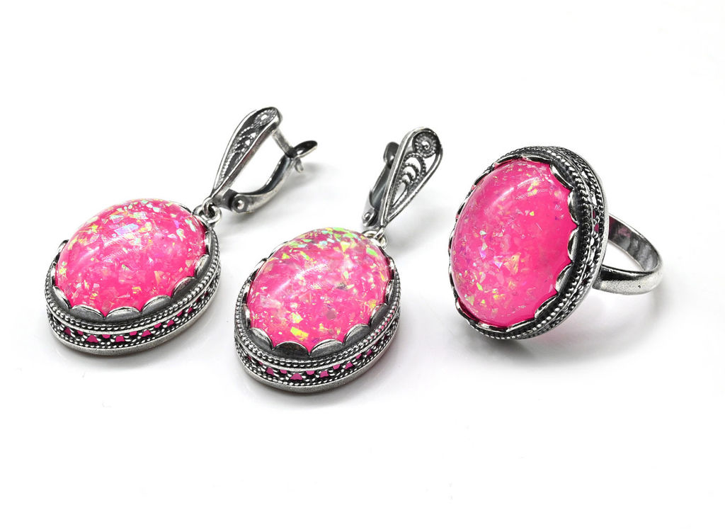 Кольцо Серьги с опалом искусственным, цв.розовый размер 19