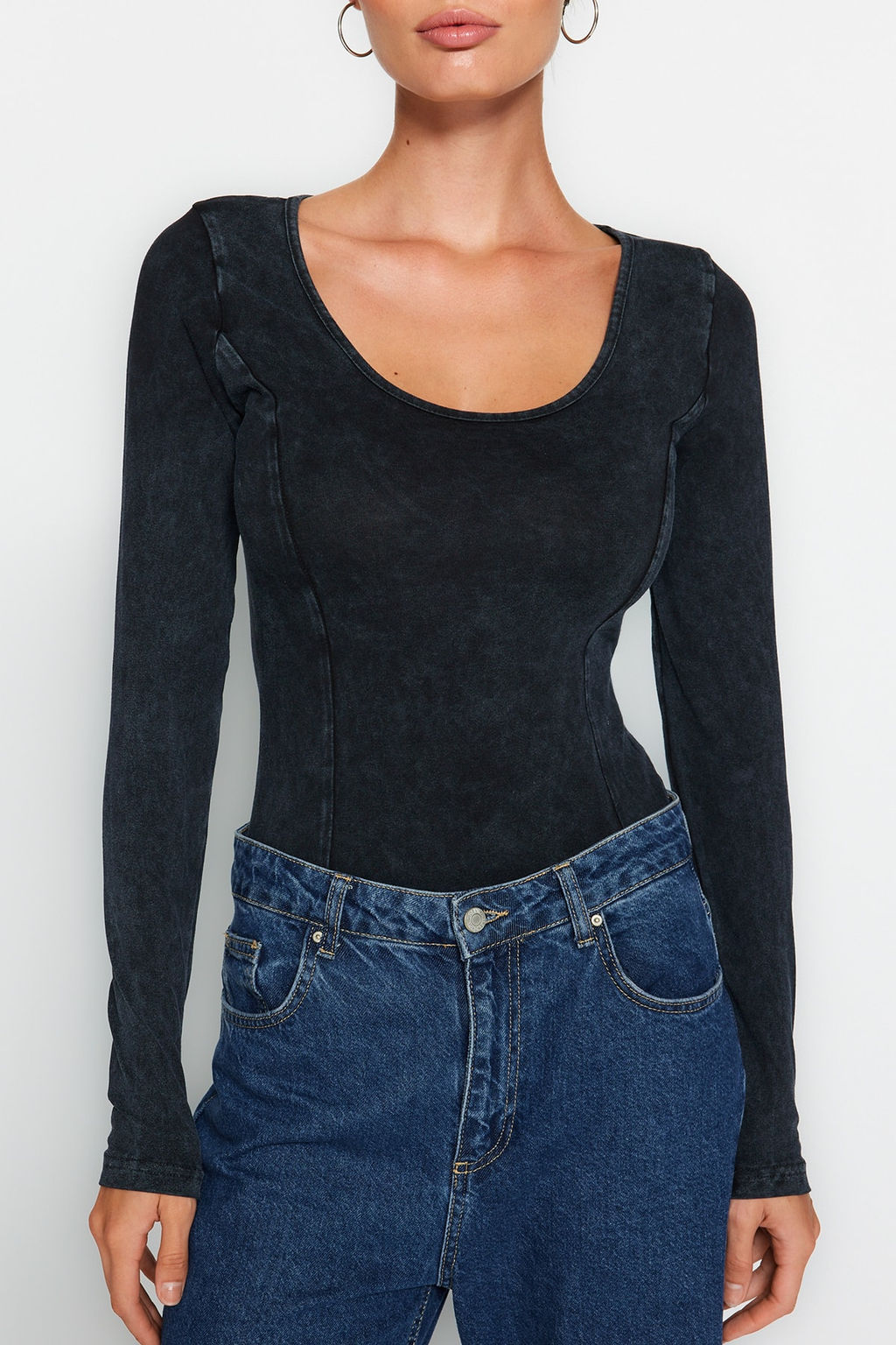 TRENDYOLMILLA Indigo Eskitme/Soluk Efektli Pamuklu Uzun Kol Esnek C?tc?tl? Orme Body TWOAW24BD00044  фото 4