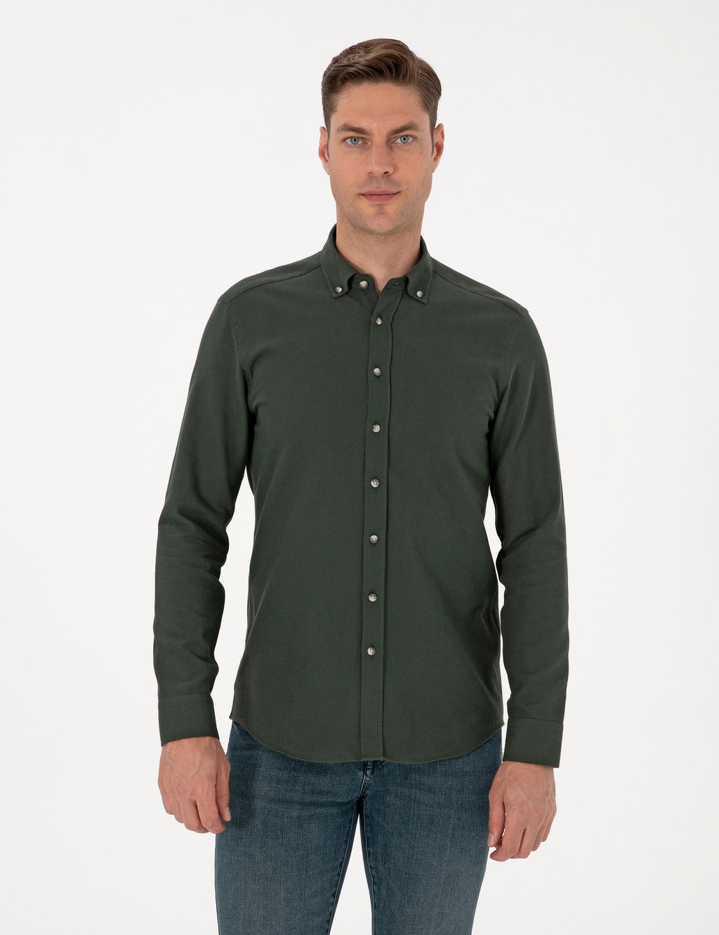 Koyu Haki Slim Fit Uzun Kollu G_mlek