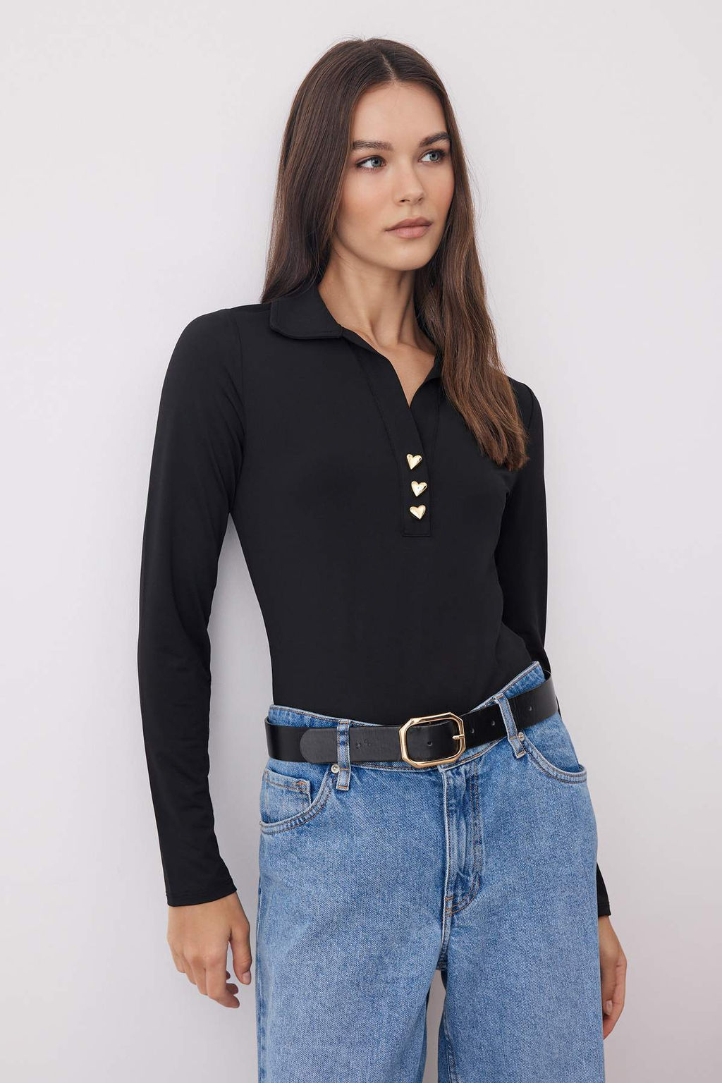 Siyah Fitted/Vucuda Oturan Polo Yaka Patl? C?tc?tl? Esnek Orme Body TWOAW26BD00009