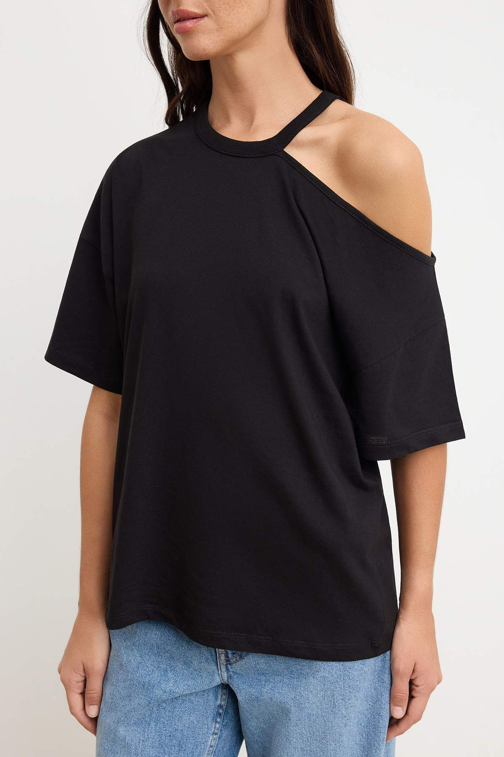 Siyah Duz Oversize Bisiklet Yaka Dusuk Kol K?sa %100 Pamuk Orme T-Shirt TWOSS26TS00204 - Trendyolmilla фото 3