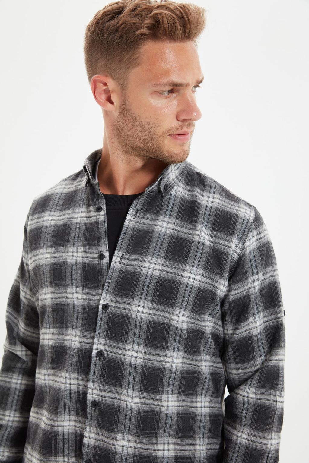 TRENDYOL MAN Gri Slim Fit Dugmeli Yaka Apoletli K?sl?k Oduncu Kareli Gomlek TMNAW22GO0357 - Trendyolmilla фото 7