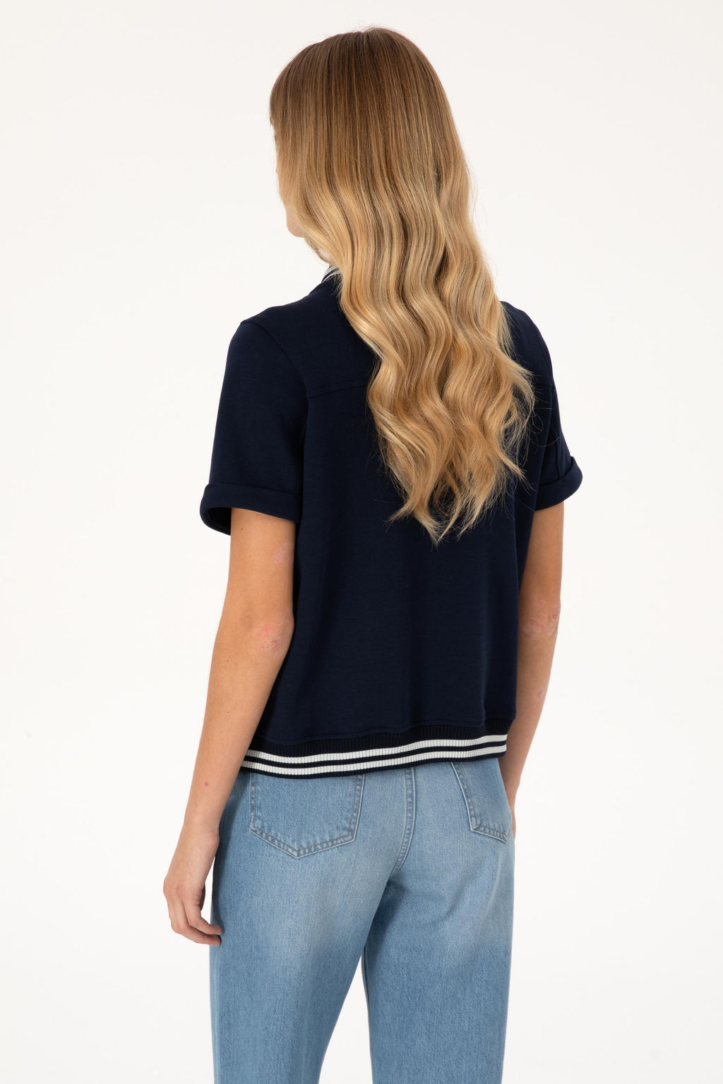 Kad_n Lacivert K_sa Kollu Fermuarl_ Bisiklet Yaka Sweatshirt
