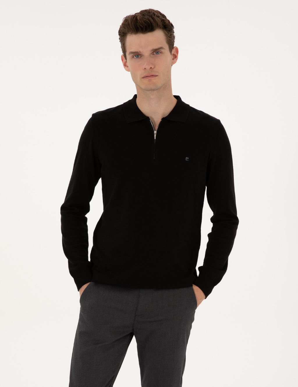 Siyah Slim Fit Polo Yaka Fermuarl_ Basic Triko Kazak - Pierre cardin фото 2