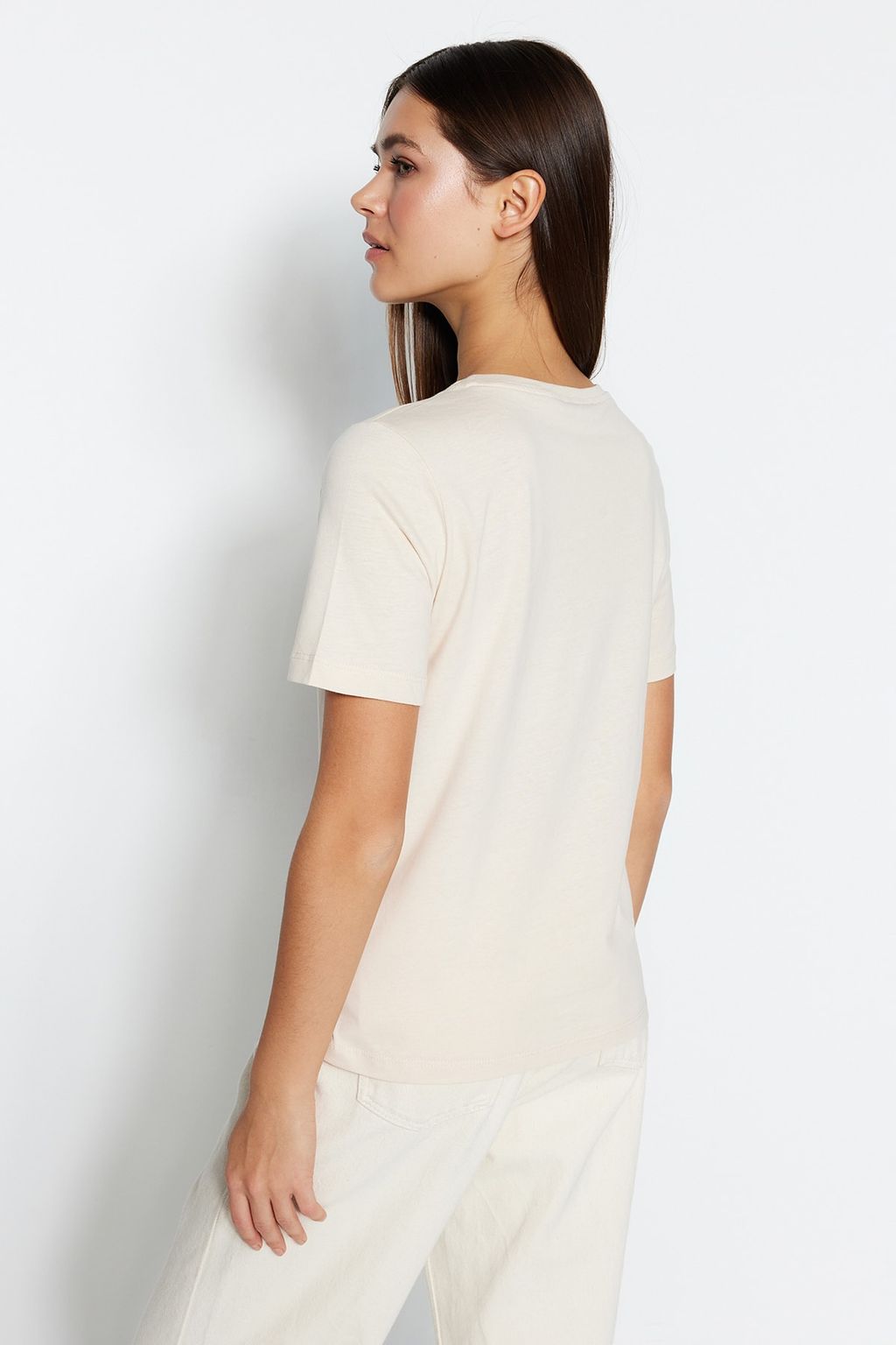 Ac?k Bej %100 Pamuk Basic Bisiklet Yaka Orme T-Shirt TWOSS23TS00000