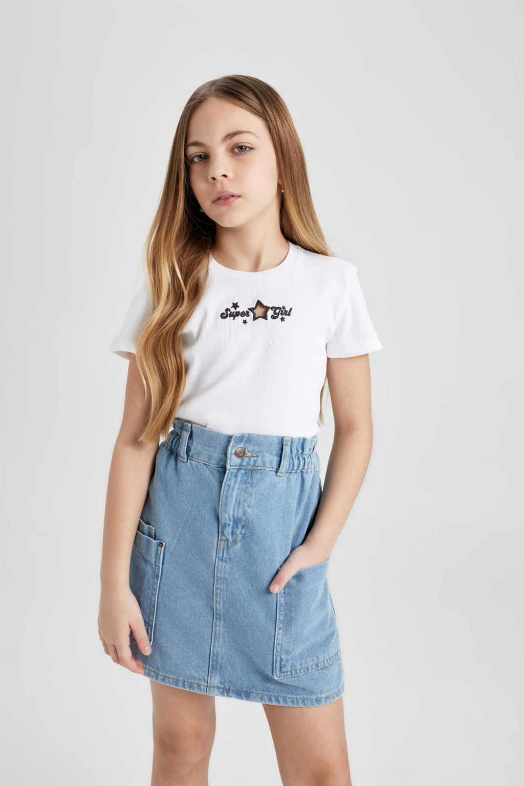 K?z Cocuk Slim Fit Dar Kesim Bisiklet Yaka Fitilli Kaskorse K?sa Kollu Tisort - Defacto фото 3