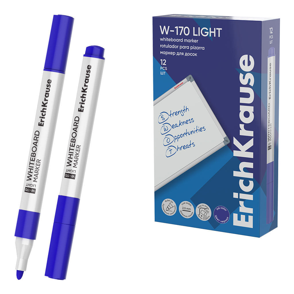 Цена за 12 шт. Маркер для досок ErichKrause W-170 Light, цвет чернил синий (в коробке по 12 шт.)