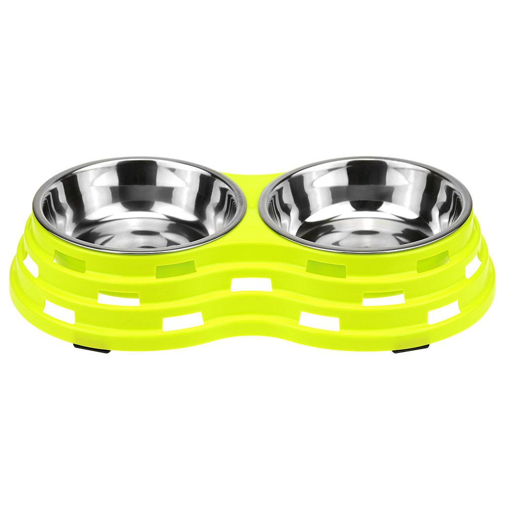 Миска для кормления животных из нержавеющей стали Обед 0,45л, д14см h4см, 2 штуки на пластмассовой подставке 33,5х18х6см, цвета микс (Китай) - Pet toys фото 6