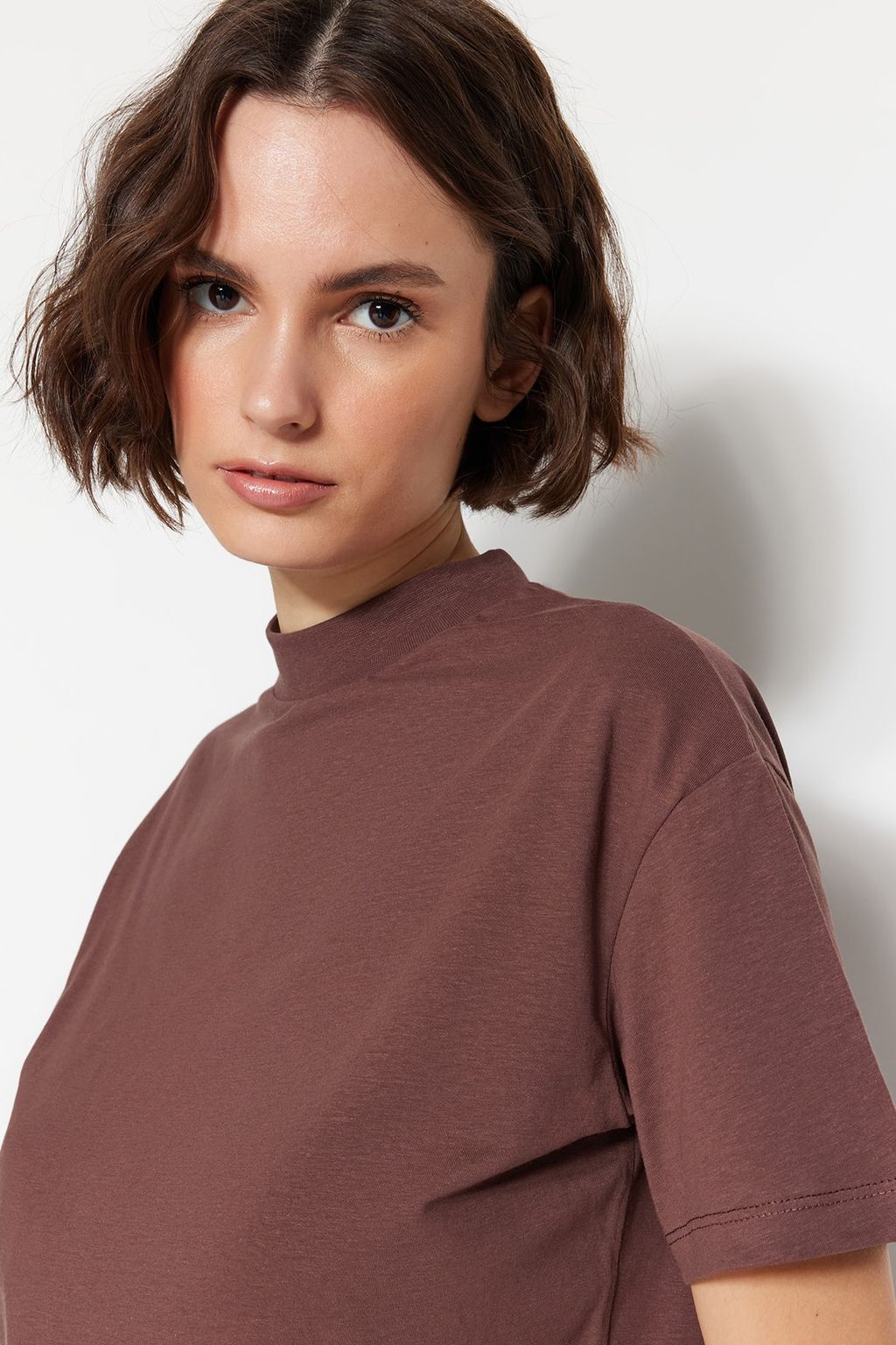 Kahverengi-Bej 2li Paket %100 Pamuk Basic Dik Yaka Orme T-Shirt TWOSS20TS1500